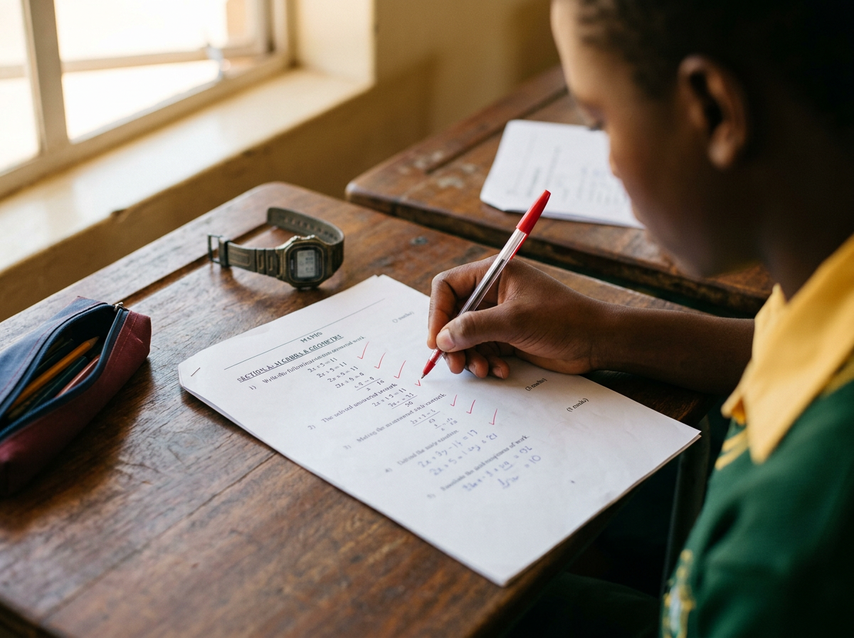 A maths exam paper being marked with a red pen