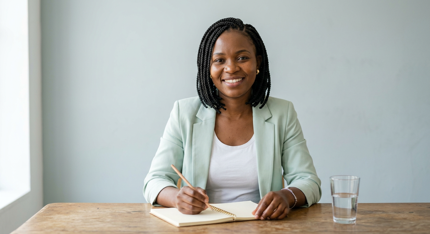 A Zambian maths teacher smiling at her desk