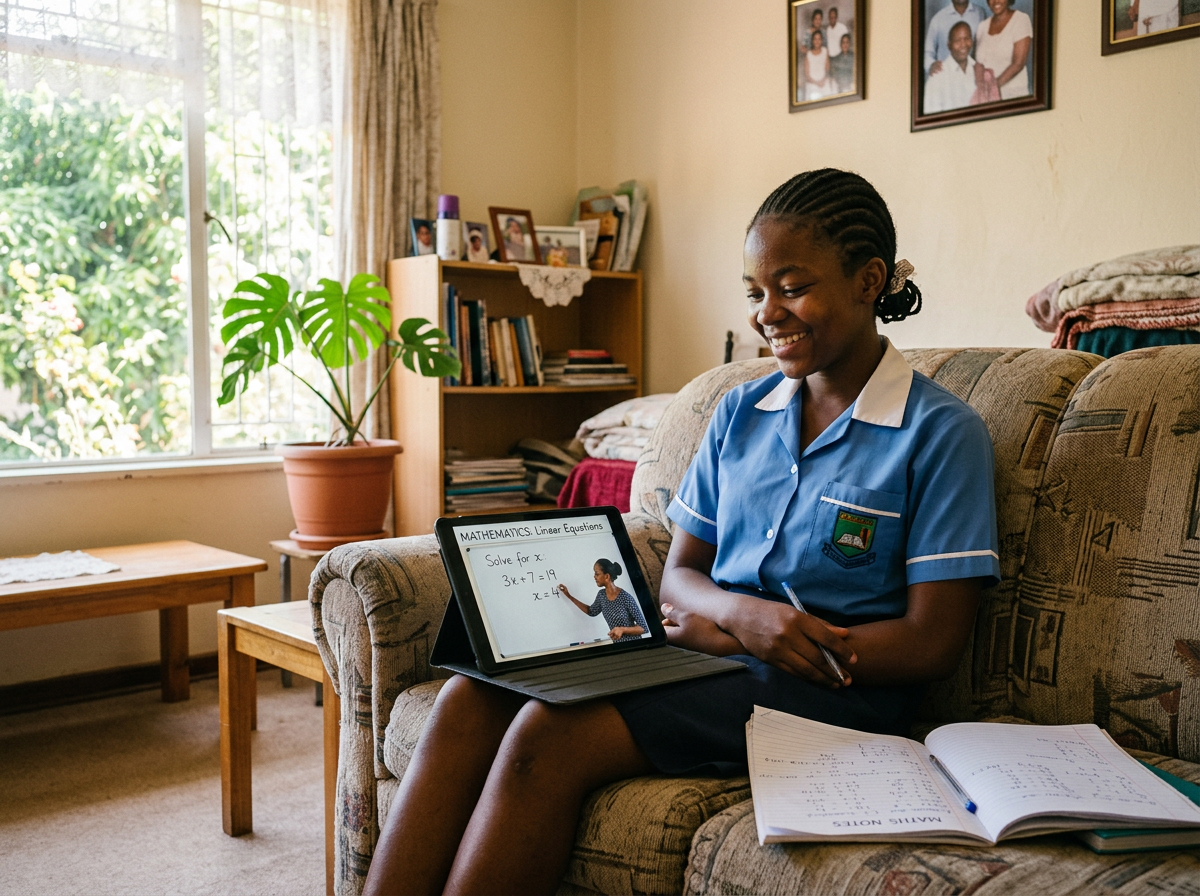 A pupil in school uniform watching a maths video lesson on a tablet at home