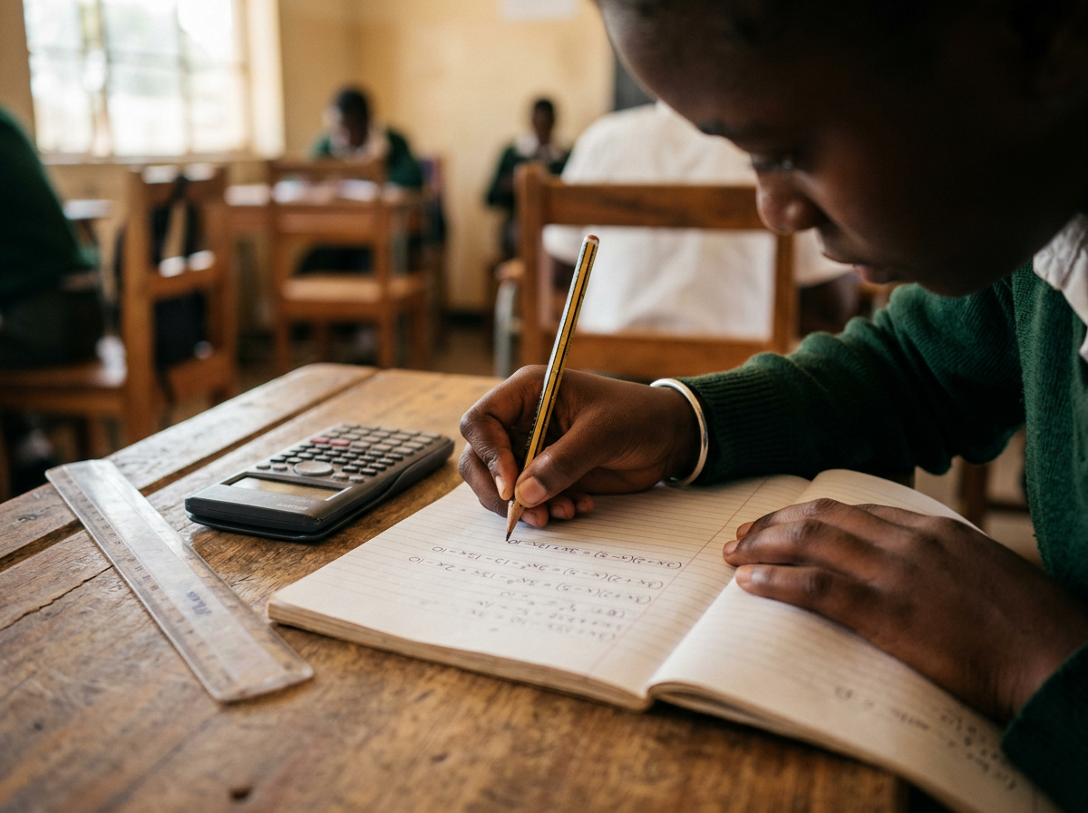 A pupil writing step-by-step algebra working in an exercise book